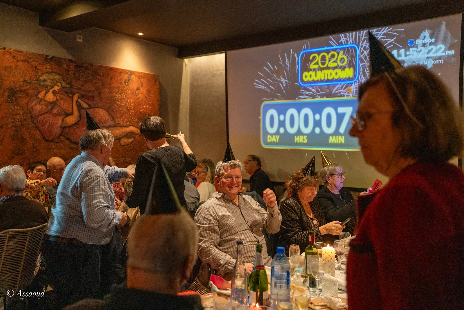 Late night New Year's Eve crowd at Triana rooftop Chefchaouen