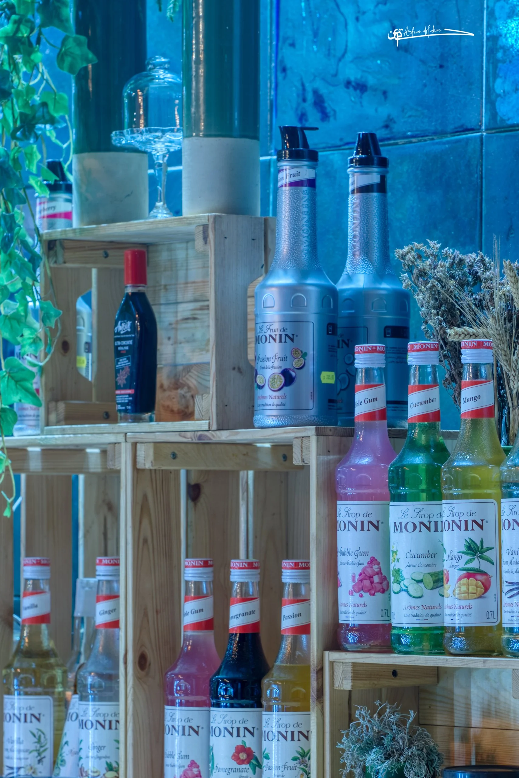 Cocktail syrups and bar ingredients at Triana rooftop bar in Chefchaouen