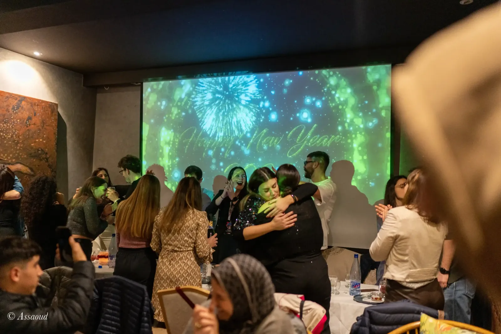 New Year's Eve celebration atmosphere at Triana restaurant in Chefchaouen